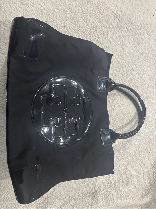 Tory Burch Black Nylon Tote with Patent Logo - Picture 1 of 5